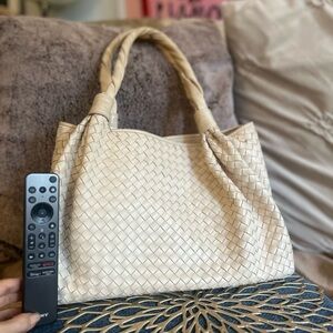 Lola Elegant Cream leather Woven Tote Bag